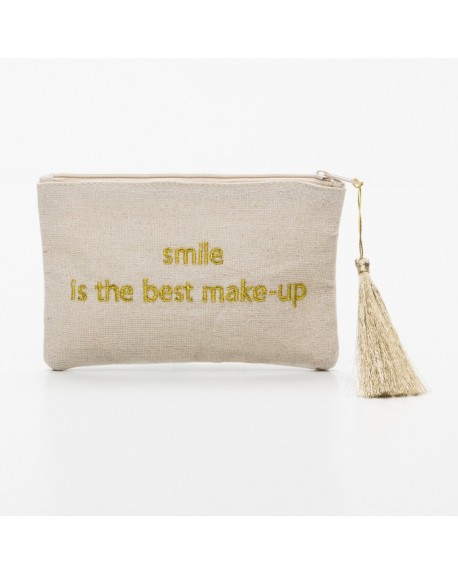 Pochette à message " SMILE IS THE BEST MAKE-UP" Beige et doré - 17,5 x 11,5 x 1 cm