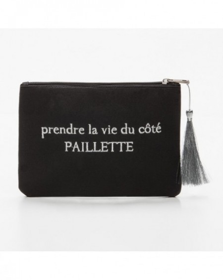 Pochette à message " PRENDRE LA VIE DU CÔTÉ PAILLETTE " Noire et argenté - 21,5 x 15,5 x 1 cm