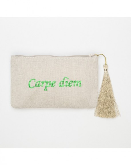Pochette à message " CARPE DIEM " Beige et vert clair - 17,5 x 11,5 x 1 cm