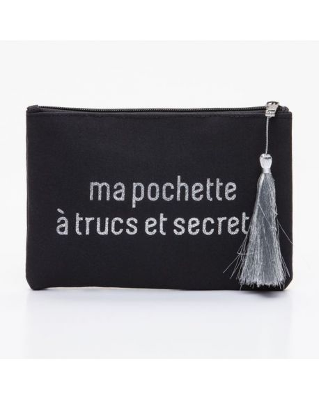 Grande pochette noire message "ma pochette  à trucs et secrets …" argenté